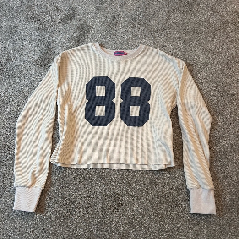 Women's Beige Long Sleeve Top with Black Print